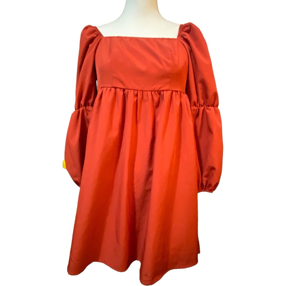 Amazon Women's Small Puff Long Sleeve Square‎ Neck Ruched A line Mini Dress Red
